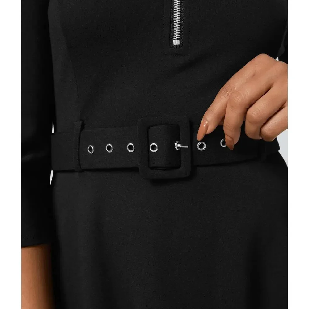 NWT Halara Round Neck Zipper Belted Pocket Midi Fit Work Dress - Size XL